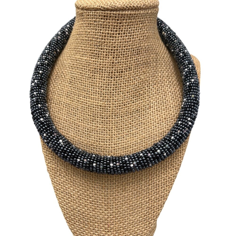 Black Silver Seed Bead Collar Choker Necklace Rope Wrapped 17" Long